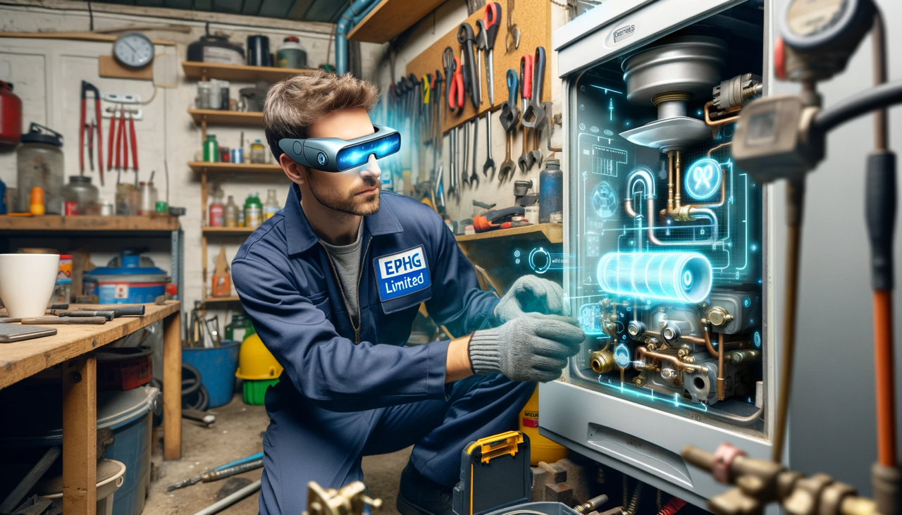 Futuristic Gas Engineer Using VR Glasses Repairing A Gas Boiler